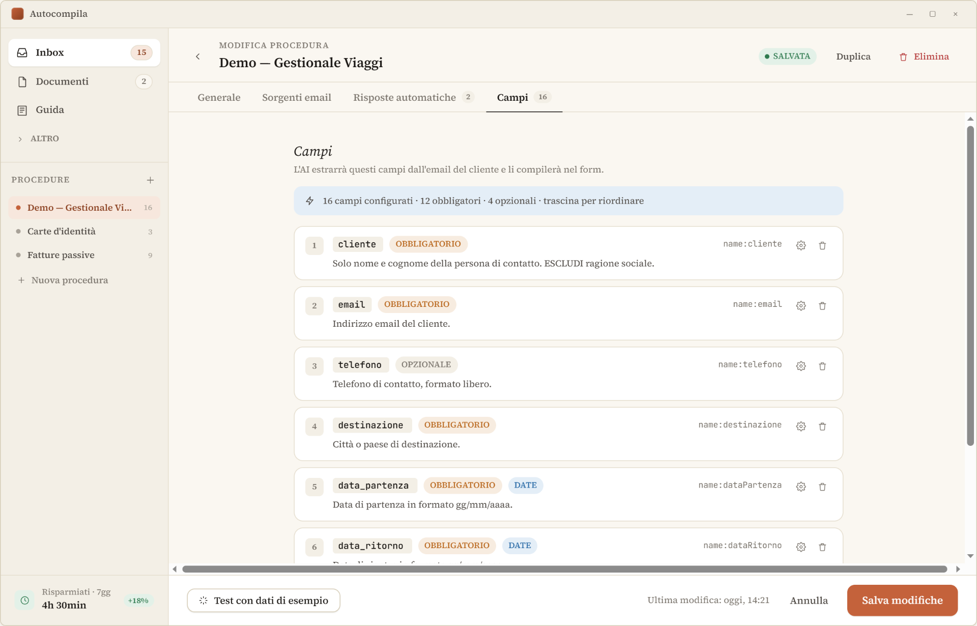 Configurazione visuale dei campi del gestionale